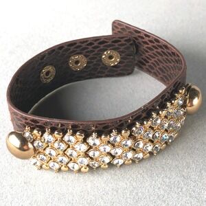 Wide Cuff Bracelet Brown Faux Snakeskin Leather Rhinestones Gold Tone Stud Snaps